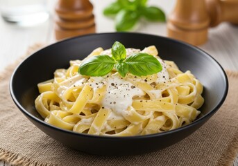 Pasta with cream and basil isolated on white background