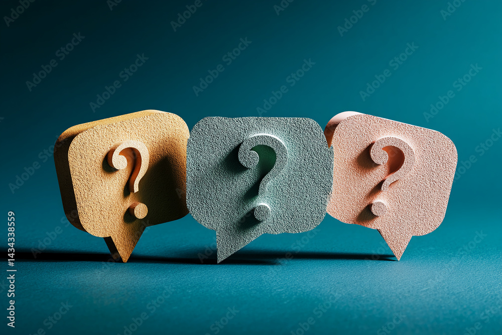 Poster three textured speech bubbles, peach, teal, and beige, each displaying a question mark, symbolize cu
