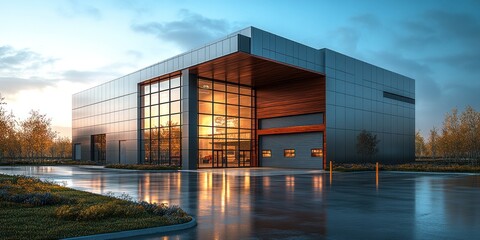 Modern industrial building facade at dawn.