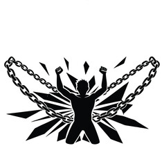 Breaking Free: A silhouette of a person kneels, raising their arms in a powerful gesture of liberation as they break free from restrictive chains. Evoking themes of resilience, transformation.