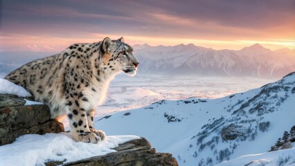 Fototapeta premium Snow leopard perched profile, majestic mountain sunrise, wild feline, snow landscape