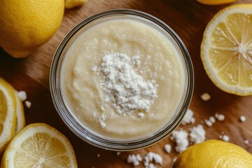 A glass bowl with a baking soda face mask sits on a wooden surface accompanied by sprinkled baking soda and lemons Instant remedy for blemished skin