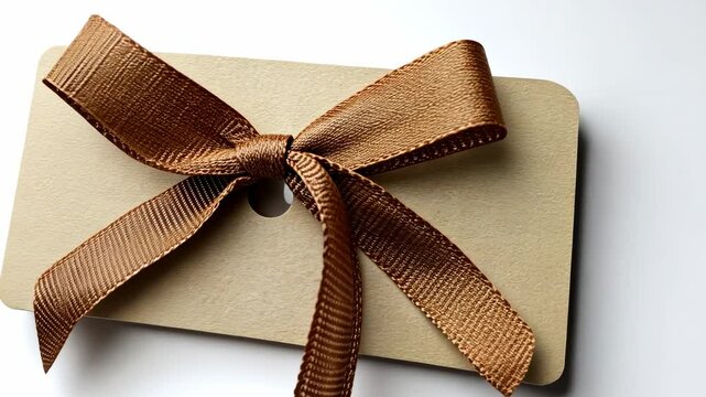 Elegant gift tag with a shiny bronze ribbon against a white background
