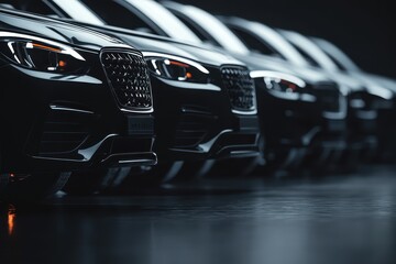 A lineup of nondescript black sedans on a dark wet surface post rain