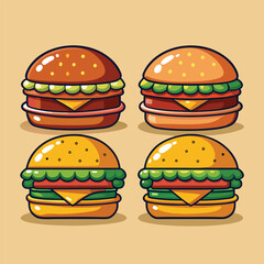 Four Delicious Cartoon Burgers with Different Bun Colors