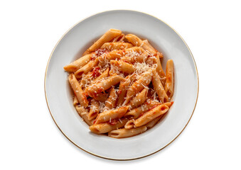Penne macaroni pasta with tomato sauce and with grated parmesan cheese, penne all'arrabbiata in white plate with golden edge isolated