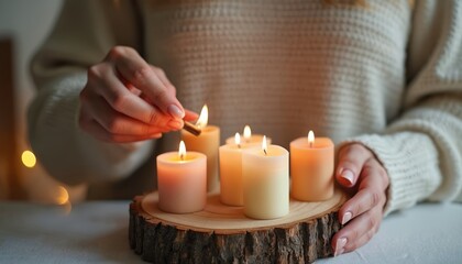 Woman lights scented candles on wooden slice. Cozy home interior atmosphere with warm candlelight. Relaxation at spa or wellness center. Handmade craft creating comfortable and peaceful environment.