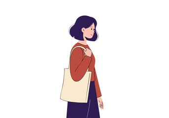 A young woman with dark hair walks away, carrying a tote bag. Casual style, simple background. Ideal for lifestyle, fashion, or travel concepts.