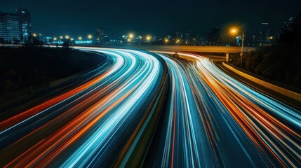 A nighttime highway with streaks of light from moving vehicles.