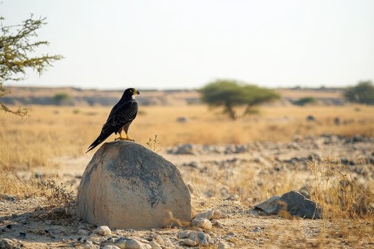 A peregrine falcon was sitting on a small rock in the Wildass sanctuary of the Little Rann of Kutch in Gujarat during a safari