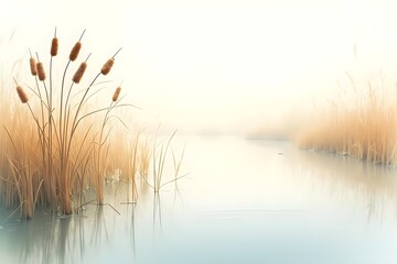 Obraz premium Elegant reeds and cattails swaying in the breeze in a tranquil watercolor setting