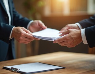 Two business professionals exchange documents at office. Formal communication, collaboration, partnership. Hands transfer paper over wooden table. Contract, agreement, discussion, work in progress,