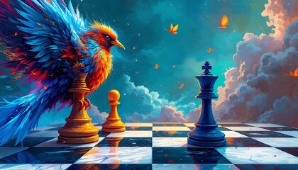 Strategic Allegory: Chess pieces take on a fantastical, surreal form, intertwined with a vibrant bird, symbolizing strategy and freedom. Set on a detailed chessboard.