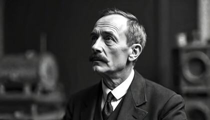 Portrait of senior man intellectual figure. Thoughtful expression, looking upwards. Image may represent scientist, inventor. Idea of logic, computer science, binary code, data processing, automaton,