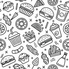 Hand Drawn Fast Food Seamless Pattern Black and White