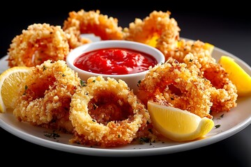 A plate of crispy calamari rings, served with marinara sauce and lemon wedges, showcasing a golden batter that adds texture and color.