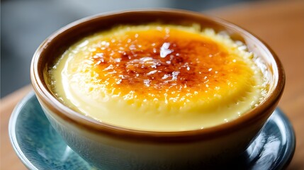 Crème Brûlée in a Ceramic Bowl
, A close-up of a creamy crème brûlée dessert with a caramelized sugar crust, served in a small ceramic bowl.
