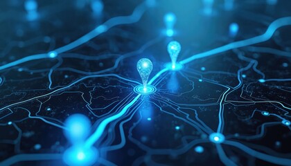 Abstract 3D map with glowing blue waypoints. Digital technology design illustration. Futuristic geolocation concept with location pins and routes for navigation. Perfect for tech innovations.