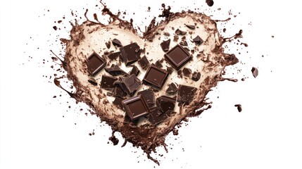 Fototapeta premium Chocolate heart splash, pieces, delicious dessert, white background, food photography