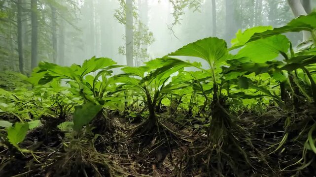 Lush green mandrake plants growing in a misty enchanted forest with thick foliage and mystical atmosphere. Concept of medicinal herbs, ancient folklore, magical botany, mysterious nature