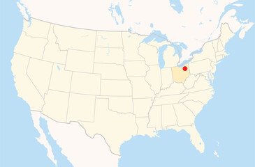 Location Map of the city Akron in Ohio, USA. The state is marked orange and the city is highlighted with a red dot. No labels at all.