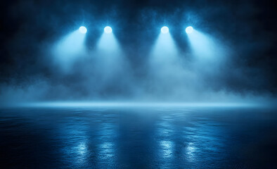 Ethereal blue spotlight illumination over sleek, reflective surface, veiled in atmospheric mist, creating a captivating and dramatic ambiance