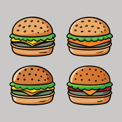 Four Delicious Cartoon Burgers with Cheese and Lettuce