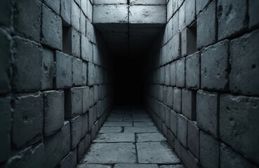 Dark tunnel made of concrete blocks. Perspective architecture with geometric design. Urban industrial construction concept. Dim interior, leading to darkness. Modern storage or warehouse.