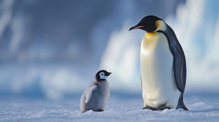 Obraz premium A baby penguin stands next to an adult penguin