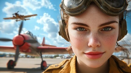 Young pilot smiles confidently with vintage aircraft in background at airfield during sunny day