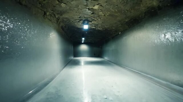 Underground mine shaft tunnel with rock ceiling and illuminated pathway. concept of mining exploration, industrial work, subterranean infrastructure, coal mine
