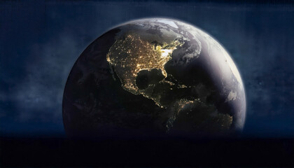 Fototapeta premium A darkened Earth seen from space, with scattered lights showing where life still glows. Cities dimmed in unity, honoring Earth Hour. A quiet moment of global awareness shines through the night.