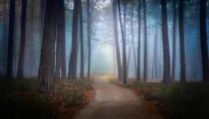 Obraz premium Foggy forest path winding through tall trees. Ethereal light filters through the mist. Mysterious and tranquil atmosphere. Explore the silent, dreamlike woods.