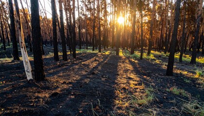 Charred forest landscape just after a wildfire in the morning