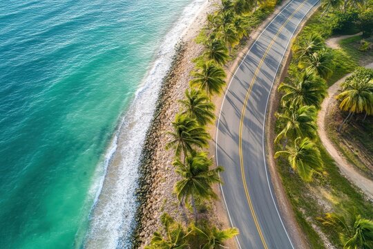 Aerial view of a stunning coast road in Venezuela lined with palm trees