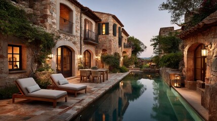 Fototapeta premium Stone villa with pool under twilight sky