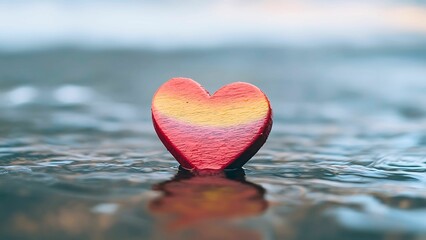 Obraz premium A single heart-shaped object resting delicately in water, with a beautiful gradient of colors and an intimate moment with the ocean