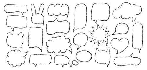 Fototapeta premium Speech Bubble Set with Hand-Drawn Chalk Outlines on Black Background. Crayon Style Shapes for Comic Dialogues