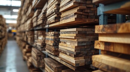 Stacked lumber products on warehouse shelves.