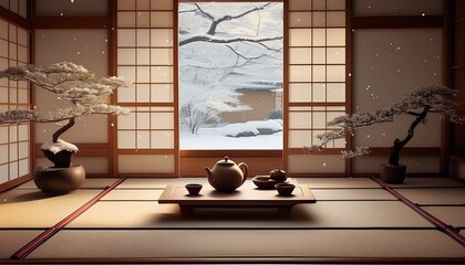 Japanischer Winterraum mit Tatami und Schneeblick