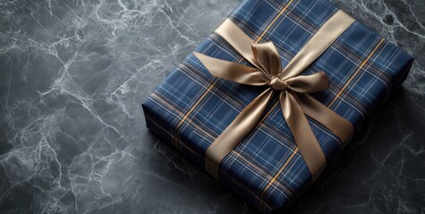 A navy blue and gold plaid gift box with a gold satin bow on a marble surface