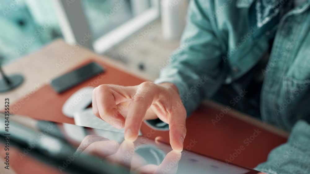 Fototapete hands, tablet and scroll at office, startup and review web design with project management at company