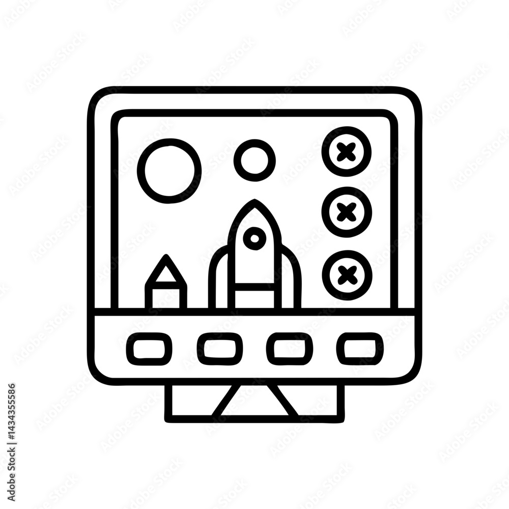 Poster Outline vector of a retro computer game with rocket ship and x marks the spot for design use