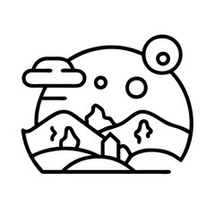 Vector landscape illustration with mountains, trees, cloud, and moon in outline style design