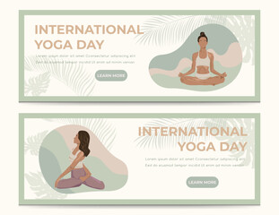 Banners for International Yoga Day. Illustration of sporty girls doing asanas, exercises. The posters can be used as invitations, booklets or tickets for yoga training. Vector illustration.