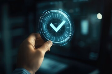 A hand hovers over a glowing circular interface with a checkmark, symbolizing completion and approval