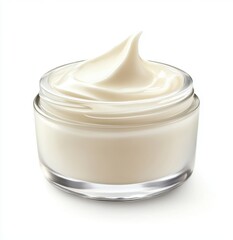 A glass jar filled with white cream, the cream is swirled and textured