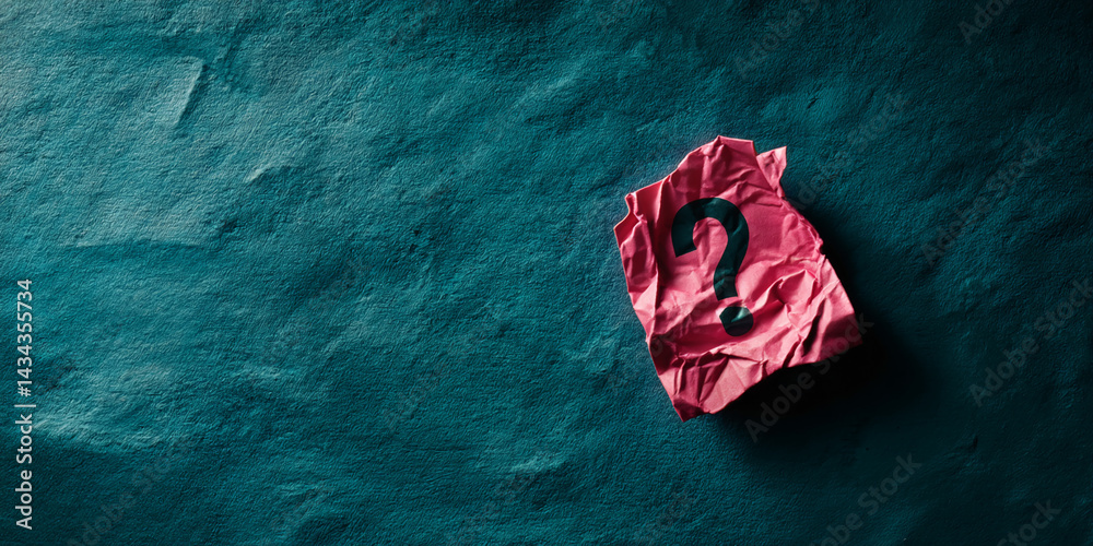 Aufkleber pink crumpled paper with black question mark on teal textured background, showcasing uncertainty or 