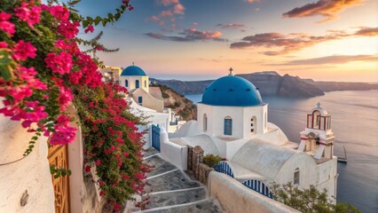 Fototapeta premium Blue-domed Santorini Churches at Sunset, pink bougainvillea foreground, idyllic village, Greece, travel, architecture
