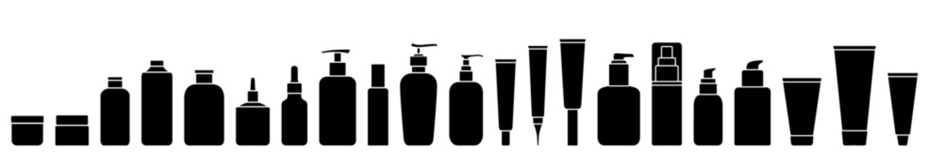 Vector Shampoo and Beauty Bottle Set. Skincare Product Silhouettes with Jars, Tubes and Containers for Cosmetics
